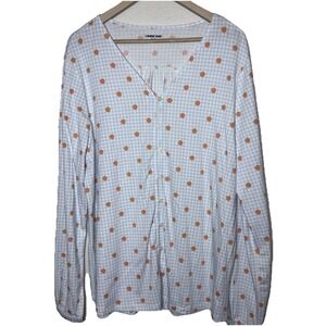 Lands End' Blue White & Orange Spring Polk Dot SpringGingham Button Top. Size XL